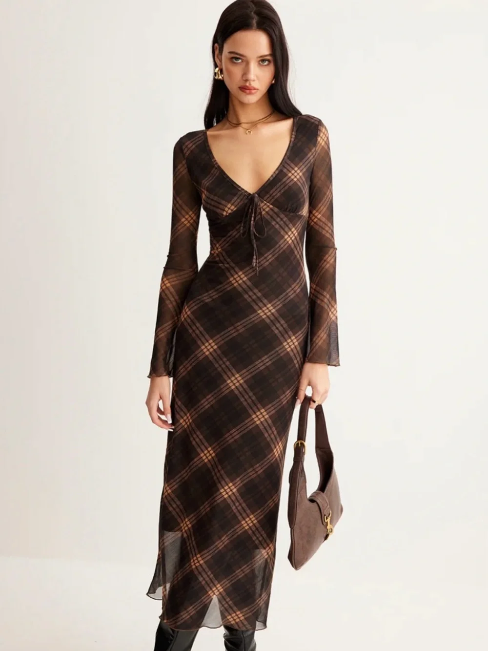 Commense Semi-Sheer Checked Bell-Sleeve Mesh Dress, size XS, NWT! - Picture 2 of 7